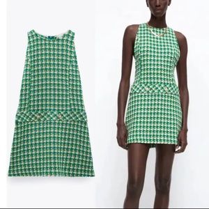 Indefeir Green Tweed Textured Pinafore Mini Dress S